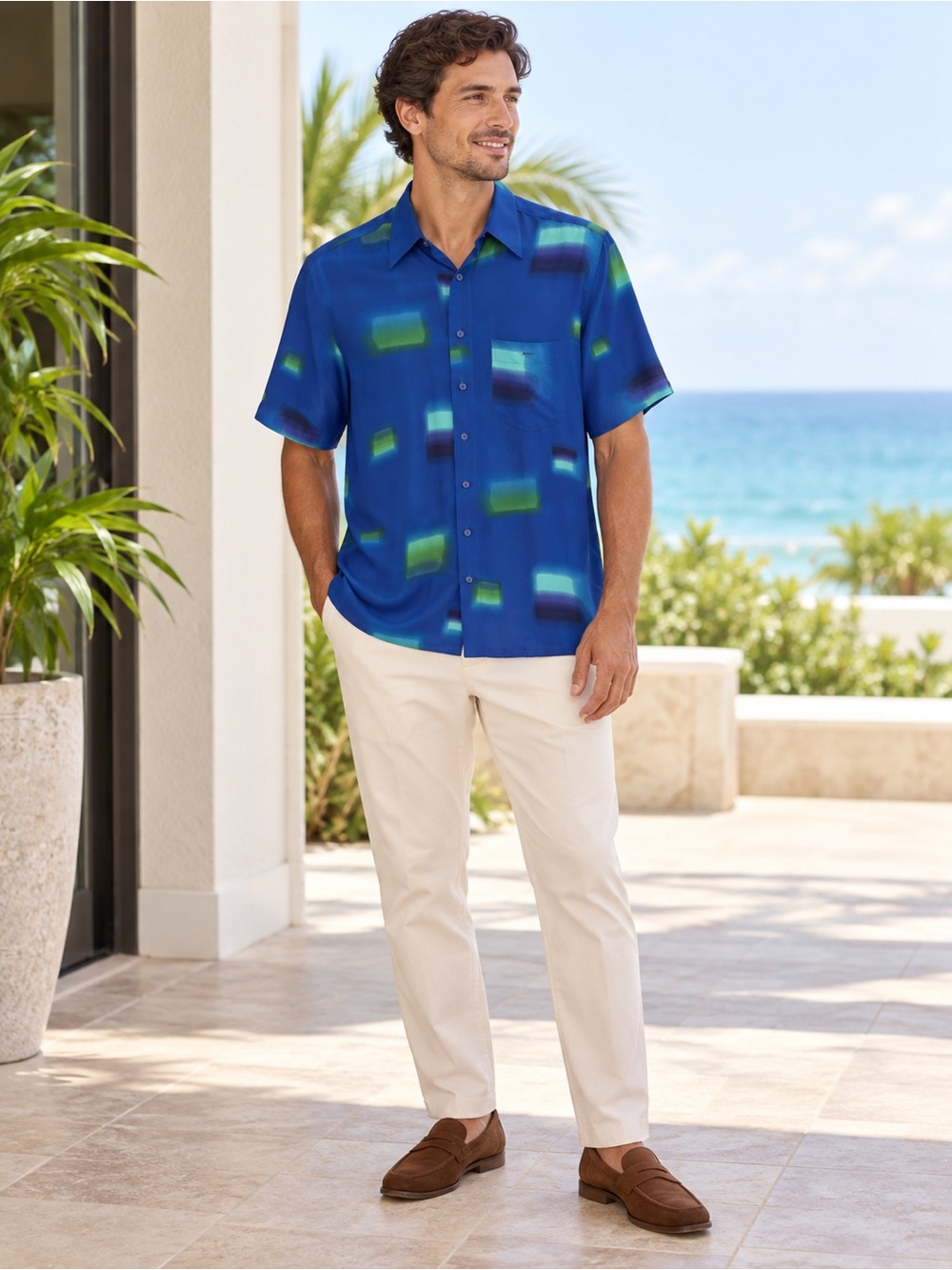 Vintage Georg Roth Germany Abstract Shirt Men’s S 37/38 Blue Short Sleeve